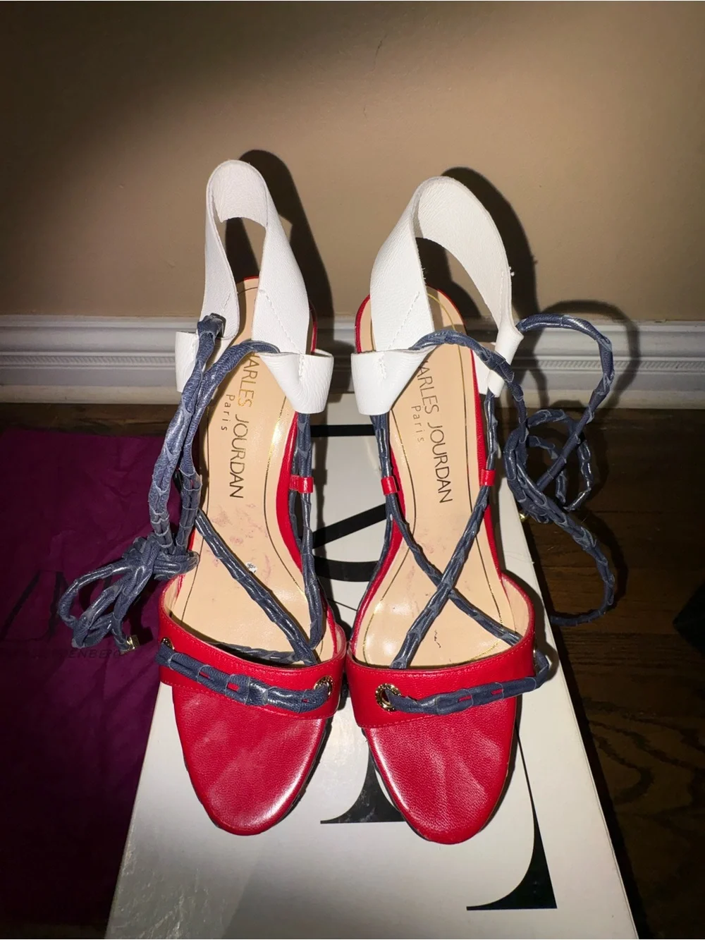 Diane Von Furstenberg Red, White and Black Lace-Up Wedge Sandals